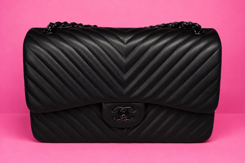 * 2015 Chanel So Black Chevron Quilted Lambskin Jumbo Classic Double Flap Bag, Black Hardware *