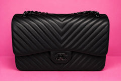 * 2015 Chanel So Black Chevron Quilted Lambskin Jumbo Classic Double Flap Bag, Black Hardware *