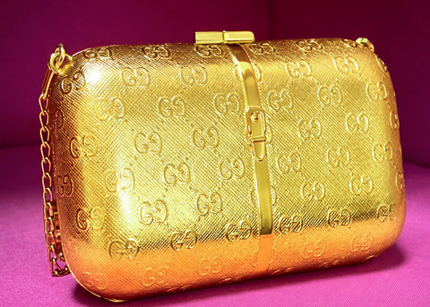 Vintage Limited Edition Gucci Gold Metal GG Logo Monogram Chain Crossbody Clutch