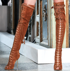 2011 Runway (Vintage) Emilio Pucci Lace-up Suede Thigh-high OTK Boots, Brown: 38