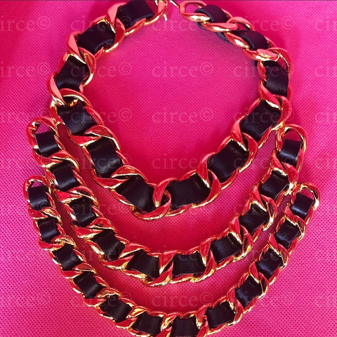 ** Chanel Black Leather + Gold Chain, Layered Necklace: ASO Linda Evangelista 90's **