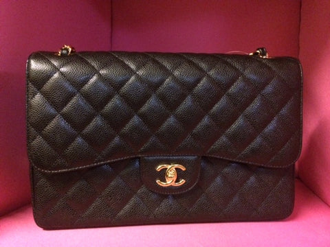 * 2014 NIB Chanel Jumbo Black Caviar Double Flap Bag, Quilted: Gold Hardware *